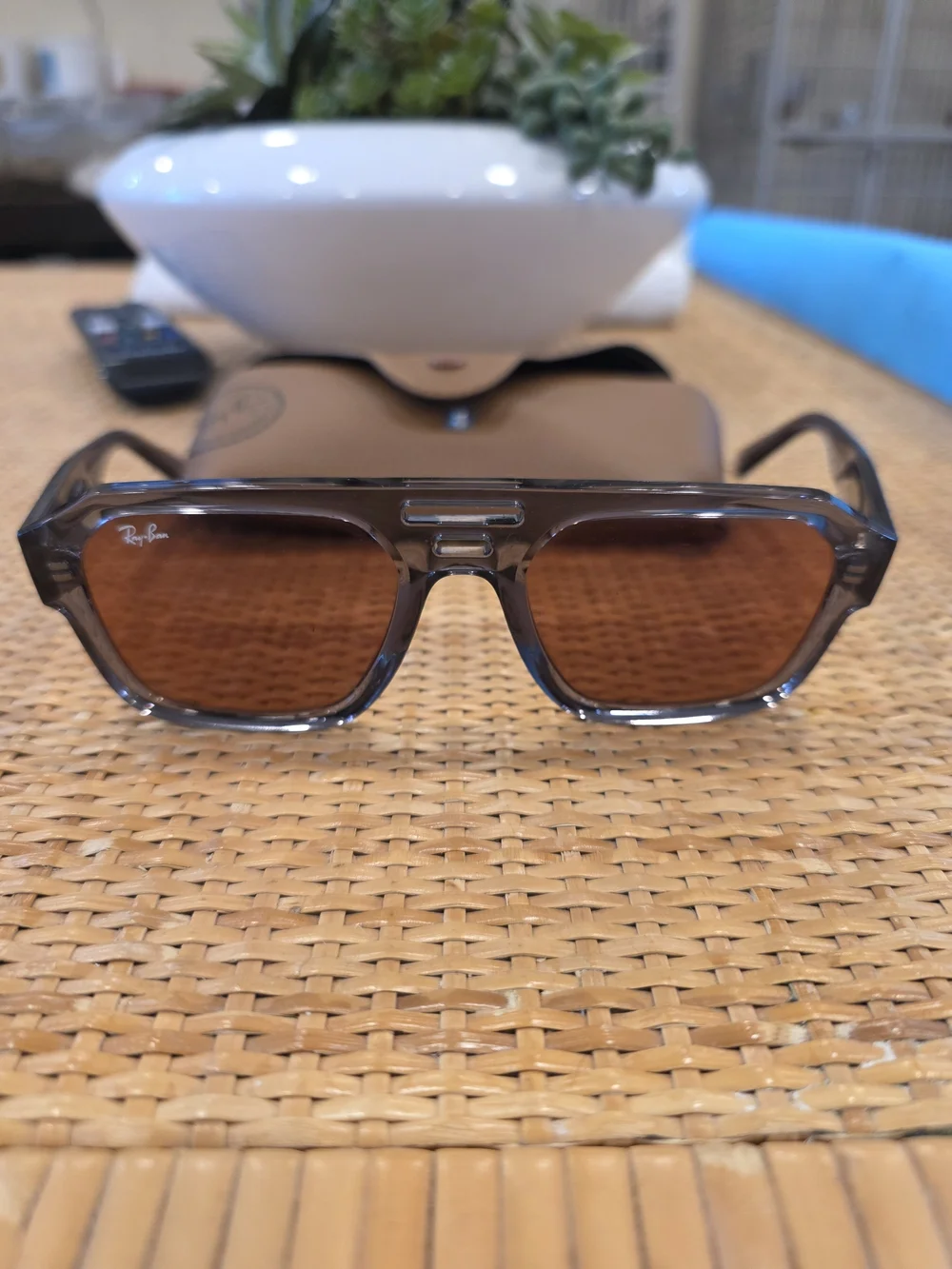 Ray-Ban Rectangular Transparent Gray Sunglasses with Brown Lenses - Picture 1 of 7